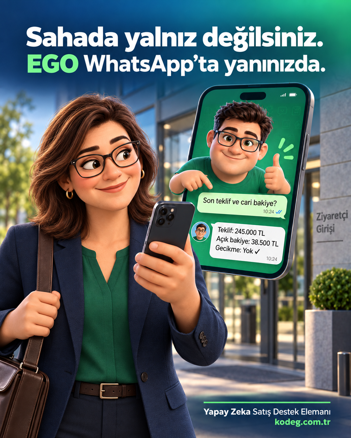 Sahadaki satış temsilcisi ve telefonunda ona eşlik eden EGO